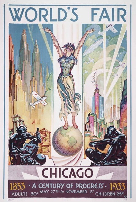 Poster for Chicago World Fair, 1933. Celebrating a century of progress.  After a work by Glen C. Sheffer. Poster Print by Ken Welsh (13 x 20)