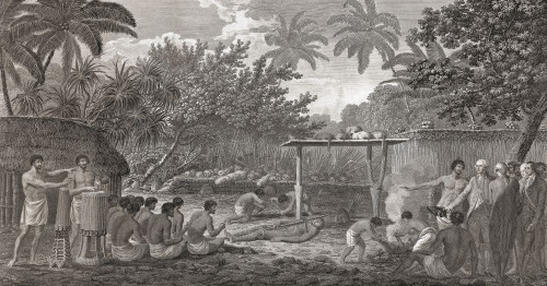 Captain Cook observing a human sacrifice in Otaheite (Tahiti), September 1777.  After an engraving by William Woolett from a work by John Webber, published in 1784. Poster Print by Ken Welsh (21 x 11)