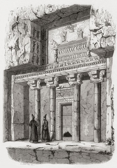 A tomb near Persepolis, the ceremonial capital of the Achaemenid Empire, seen here in the 19th century.  From Monuments de Tous les Peuples, published 1843. Poster Print by Ken Welsh (11 x 17)