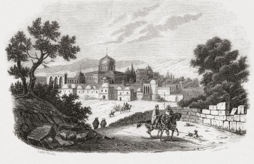 The Mosque of Omar, Jerusalem, seen here in the 19th century.  From Monuments de Tous les Peuples, published 1843. Poster Print by Ken Welsh (17 x 11)