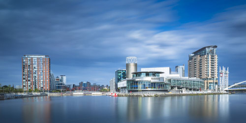 Salford Quays theatre seen across the north bay of the basin. Poster Print by Loop Images Ltd. (20 x 10)