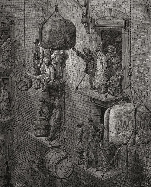 A warehouse in 19th century London.  After an illustration by Gustave Dor∩┐╜ in the 1890 American edition of London: A Pilgrimage written by Blanchard Jerrold and illustrated by Gustave Dor∩┐╜. Poster Print by Ken Welsh (12 x 15)