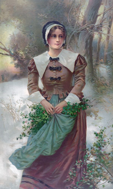 A Fair Puritan.  After a 19th century work by E. Percy Moran.  A young woman walking in woodland gathering flowers and plants in her apron. Poster Print by Ken Welsh (11 x 19)