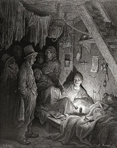 An opium den in the slums of East London, 19th century.  After an illustration by Gustave Dor∩┐╜ in the 1890 American edition of London: A Pilgrimage written by Blanchard Jerrold and illustrated by Gustave Dor∩┐╜. Poster Print by Ken Welsh (12 x 15)