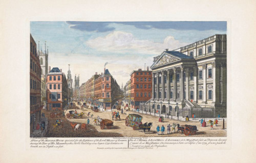 A view of the Mansion House.  London, England.  After a print dated 1751, published by Robert Sayer.  Later colourization. Poster Print by Ken Welsh (20 x 13)