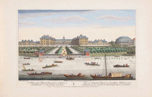 A view of the Royal Hospital at Chelsea & the Rotunda in Ranelaigh Gardens, London, England. After a print dated 1751 from a work by Thomas Bowles.  Published by Robert Sayer. Later colourization. Poster Print by Ken Welsh (20 x 13)