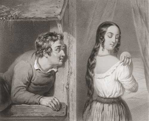 A voyeur spies on a young woman as she begins to undress. After 19th century print by Regnier and Bettannier after a work by Francois Verheyden. Poster Print by Ken Welsh (15 x 12)