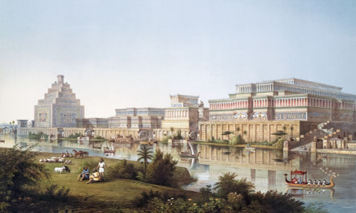 Artistic impression of Nineveh as it may have appeared at the height of its power circa 700 - 800  BC. From The Second Series of the Monuments of Nineveh, by Austin Henry Layard, published in London 1853. Poster Print by Ken Welsh (18 x 10)