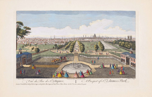 A prospect of St. James's Park, London, England. After a print dated 1752 from a work by Jacques Rigaud. Published by Robert Sayer. Later colourization. Poster Print by Ken Welsh (20 x 13)