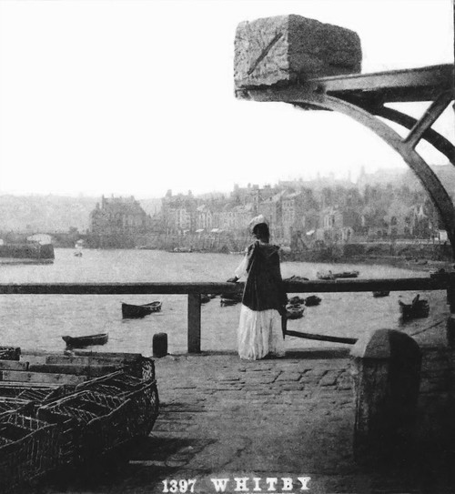 An Albumen stereoview of a lady on the docks with lobster pots; Whitby, North Yorkshire, England Poster Print by John Short (15 x 17)