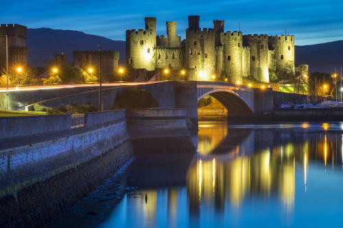 Conwy castle floodlit above the Conwy estuary at night. Poster Print by Loop Images Ltd. (17 x 11)