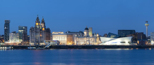 Panoramic view of the Liverpool skyline and Waterfront across the River Mersey at night. Poster Print by Loop Images Ltd. (25 x 10)