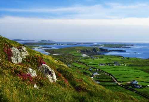 Connemara, Co Galway, Ireland; Road And Houses On The Coast Poster Print by The Irish Image Collection (18 x 12)