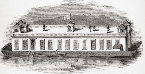 The Folly, a floating coffee-house on the River Thames, opposite Somerset House, London, England.  From Old England: A Pictorial Museum, published 1847. Poster Print by Ken Welsh (19 x 10)