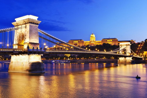 A view of the Chain Bridge over the river Danube at night. Poster Print by Loop Images Ltd. (18 x 12)