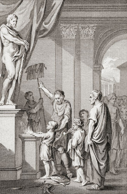 The child Hannibal Barca, 247 - circa 183 BC swears to his father, Hamilcar Barca, circa 275 - 228 BC that he will never be a friend of Rome�s. Poster Print by Ken Welsh (11 x 17)