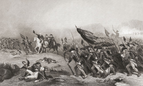 George Washington encourages his troops at the Battle of Princeton, January 3, 1777 during the American Revolutionary War. from a 19th century engraving after a work by Alonso Chappel. Poster Print by Ken Welsh (17 x 10)