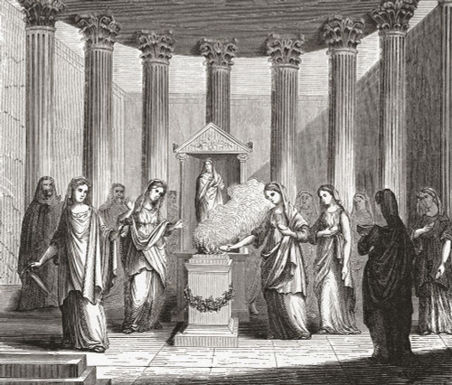 Vestal Virgins in ancient Rome tending the sacred fire in their temple. After a 19th century illustration by an unidentified artist. Poster Print by Ken Welsh (15 x 12)