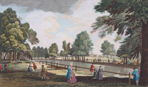 A view of St. James's Park from Rosomond's Pond.  After an engraving dated 1752 by William Henry Toms. Later colourization. Poster Print by Ken Welsh (18 x 10)