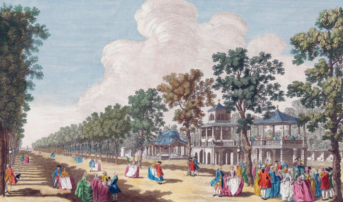 A View of the Grand Walk in Vauxhall Gardens taken from the Entrance.  London, England.  After a hand-coloured engraving by Edward Rooker from a work by Canaletto.  Dated 1751. Poster Print by Ken Welsh (18 x 10)
