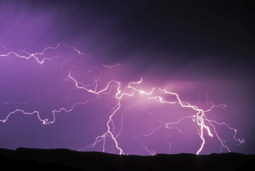 Lightning in a purple sky during a storm in Yellowstone National Park; Wyoming, United States of America Poster Print by Tom Murphy (17 x 11)