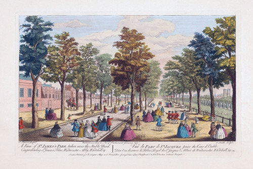 A View of St. James's Park taken near the Stable Yard, Comprehending St. James's Palace, Westminster Abby, Whitehall etc.  After a hand-coloured engraving published circa 1750 Poster Print by Ken Welsh (19 x 12)