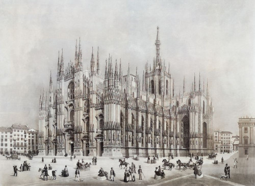 The Duomo, or cathedral, in the Piazza del Duomo.  Milan, Milan Province, Lombardy, Italy.  After a 19th century work by Francesco Citterio.  Later colourization. Poster Print by Ken Welsh (16 x 11) The Duomo, or cathedral, in the Piazza del Duomo.  Milan, Milan Province, Lombardy, Italy.  After a 19th century work by Francesco Citterio.  Later colourization. Poster Print by Ken Welsh (16 x 11)