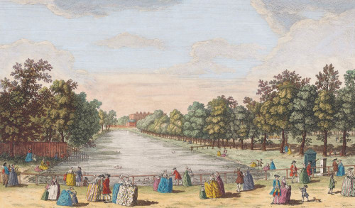 A view of the canal in St. James's Park, Buckingham House, &c. taken from the parade, London, England.  After a print dated 1753 from a work by Caneletto.  Published by Robert Sayer. Later colourization. Poster Print by Ken Welsh (18 x 10)