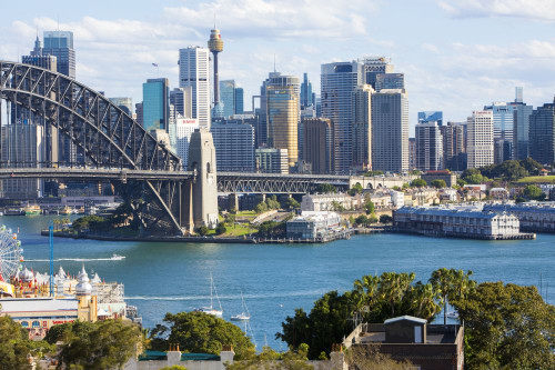 Sydney city centre and harbour bridge. Poster Print by Loop Images Ltd. (19 x 12)