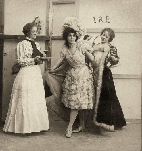 Victorian Stereoview card from circa 1900 for viewing thought a stereoscope. Three ladies after the show in a theatre 1899. Titile ��� Behind the scens-after the triumph-listening to the applause ��� Poster Print by John Short (15 x 16)
