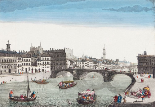 View of the Ponte Santa Trinita Across the Arno River, Florence, Italy. After a work from circa 1760 by Jean Pelletier.  Later colourization. Poster Print by Ken Welsh (16 x 11)