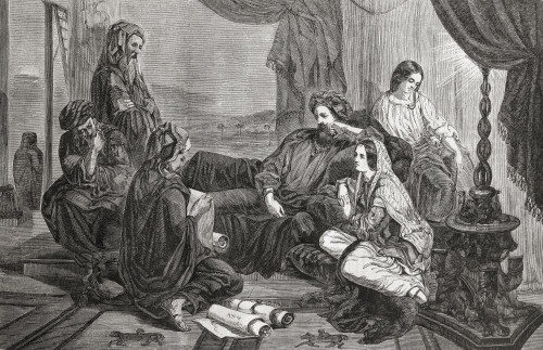 Ahasueres listening to the reading of the Chronicles.  From L'Univers Illustre, published Paris, 1859 Poster Print by Ken Welsh (18 x 11)