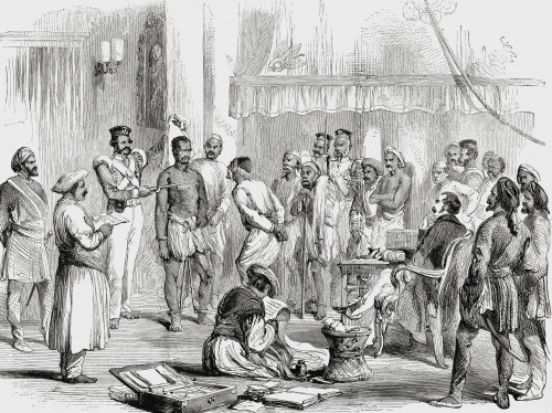 Magistrate's Cutchery(court) in Awadh or Oudh 1853. An Indian prisoner in irons accused of poisoning is brought before an English magistrate.  From L'Univers Illustre, published Paris, 1859 Poster Print by Ken Welsh (16 x 12)