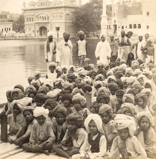 School boys of Amritsar at Golden Temple (Sri Harmandir Sahib) and the 'Pool of Immortality', Victorian stereoview card circa 1900; Amritsar, Punjab, India Poster Print by John Short (16 x 16)