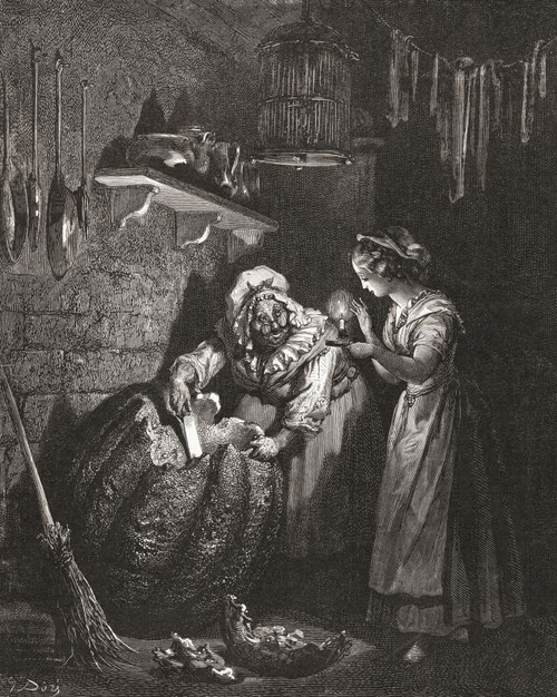 Cinderella.  After a 19th century work by Gustave Dore.  Here, the Fairy Godmother works on turning a pumpkin into a golden carriage so Cinderella can attend the ball. Poster Print by Ken Welsh (12 x 15)