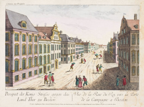 View down King Street,  Boston in the 18th century.   After a hand-coloured 18th century print.   King Street is now known as State Street.  Later colourization. Poster Print by Ken Welsh (18 x 14)