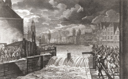 Flooding of the lock in Delfshaven, Rotterdam, Netherlands on November 14, 1775.  After an 18th century engraving. Poster Print by Ken Welsh (18 x 11)
