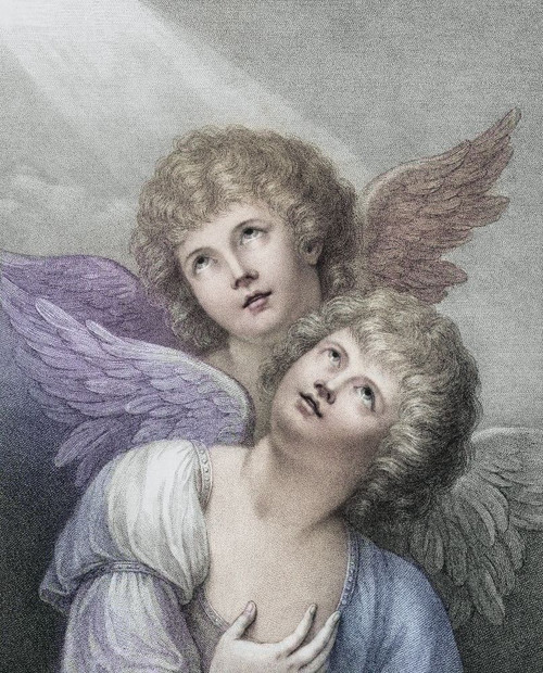 Two cherubim.  Two angels.  After a late 18th century engraving by Francesco Bartolozzi from a work by Matthew William Peters.  Later colourization. Poster Print by Ken Welsh (13 x 17)