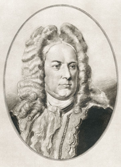 George Frideric or Frederick Handel, 1685 - 1759. German, later British, Baroque composer.  Illustration by Gordon Ross, American artist and illustrator (1873-1946), from Living Biographies of Great Composers. Poster Print by Ken Welsh (12 x 16)