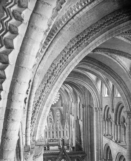A magic lantern slide circa 1900. Religious slides Durham Cathedral roof arches showing dog tooth pattern . Poster Print by John Short (14 x 18)
