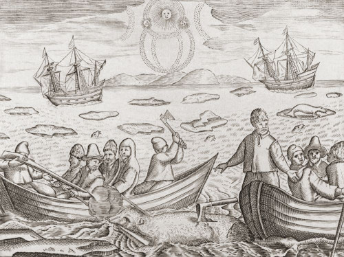 Mariners hunting polar bears in the Arctic ocean in the early 17th century.  From a 17th century work by an unidentified artist. Poster Print by Ken Welsh (16 x 12)