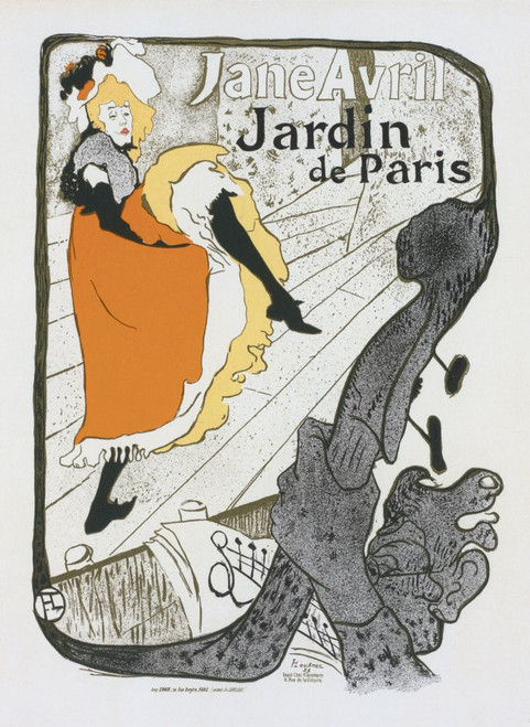 Jane Avril dancing at the Jardin de Paris. 1893 poster by Henri de Toulouse-Lautrec. Henri de Toulouse-Lautrec, French artist, 1864-1901. The Jardin de Paris was a cafe-concert on the Champs-Elysees. Poster Print by Ken Welsh (11 x 16)