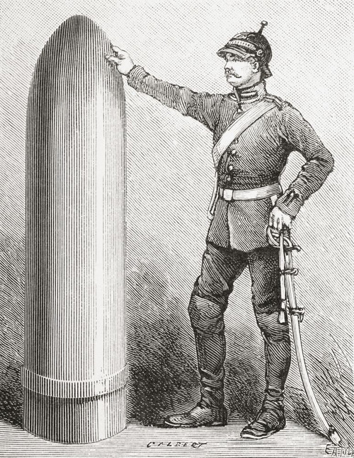 A projectile from an A 52 foot Krupp cannon, shown in comparison with a soldier.  From Ilustracion Artistica, published 1887. Poster Print by Ken Welsh (12 x 16)