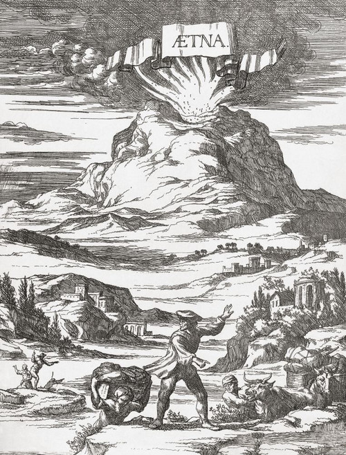 People fleeing an eruption of Mt. Etna volcano, Sicily, Italy.  From a 17th century print. Poster Print by Ken Welsh (12 x 16)