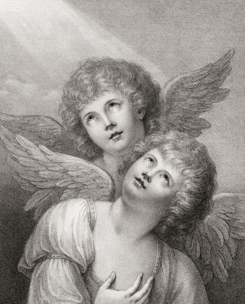 Two cherubim.  Two angels.  After a late 18th century engraving by Francesco Bartolozzi from a work by Matthew William Peters. Poster Print by Ken Welsh (13 x 17)