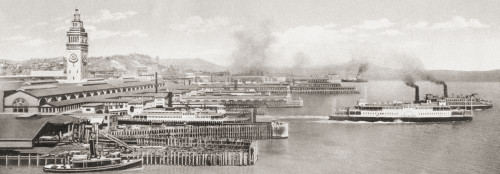 The ferry slips in front of the The San Francisco Ferry Building, The Embarcadero, San Francisco, California, United States of America, c.1915. From Wonderful California, published 1915. Poster Print by Ken Welsh (24 x 8)
