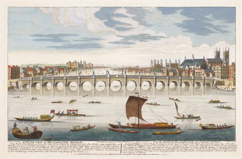 ∩┐╜∩┐╜∩┐╜A South View of Westminster Bridge∩┐╜█¥. After a print dated 1751. Hand coloured. Westminster Abbey behind the bridge on the right. Poster Print by Ken Welsh (17 x 11)