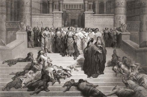 Moses before Pharaoh.  From a 19th century engraving by Herbert Bourne, after a work by Gustave Dore. Poster Print by Ken Welsh (18 x 12)