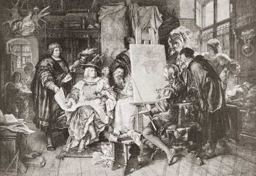 Albrecht Durer painting the portrait of the emperor Maximilian I.  Albrecht Durer, 1471 -1528.  Painter, printmaker, and theorist of the German Renaissance.  Maximilian I, 1459 - 1519.  Holy Roman Emperor.  From Ilustracion Artistica, published 1887.