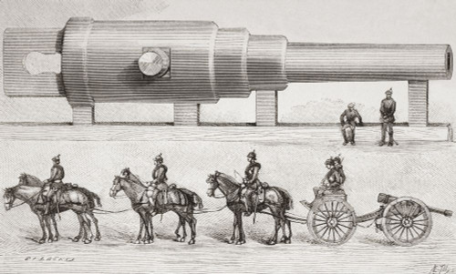 A 52 foot Krupp cannon shown in comparison with a German field piece. From Ilustracion Artistica, published 1887. Poster Print by Ken Welsh (18 x 11)